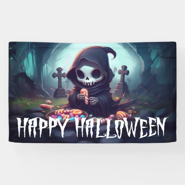 Little Grim Reaper With Candy Happy Halloween Banner (Horizontal)