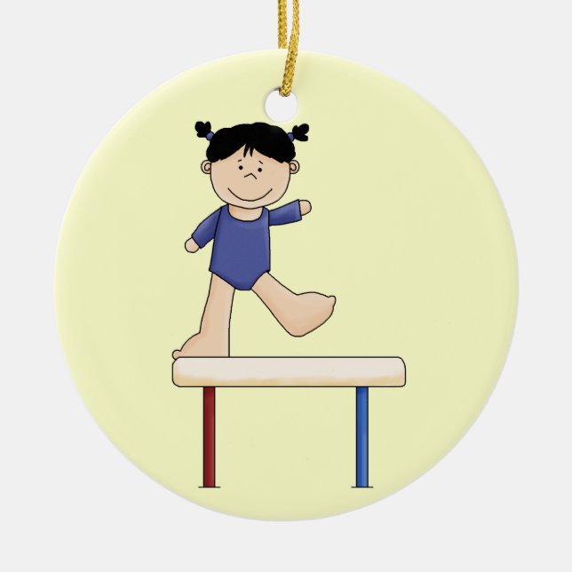 Little Gymnast on balance beam (black hair) Ceramic Tree Decoration (Front)