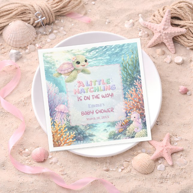 Little Hatchling Sea Turtle Ocean Pink Baby Shower Napkin (Creator Uploaded)