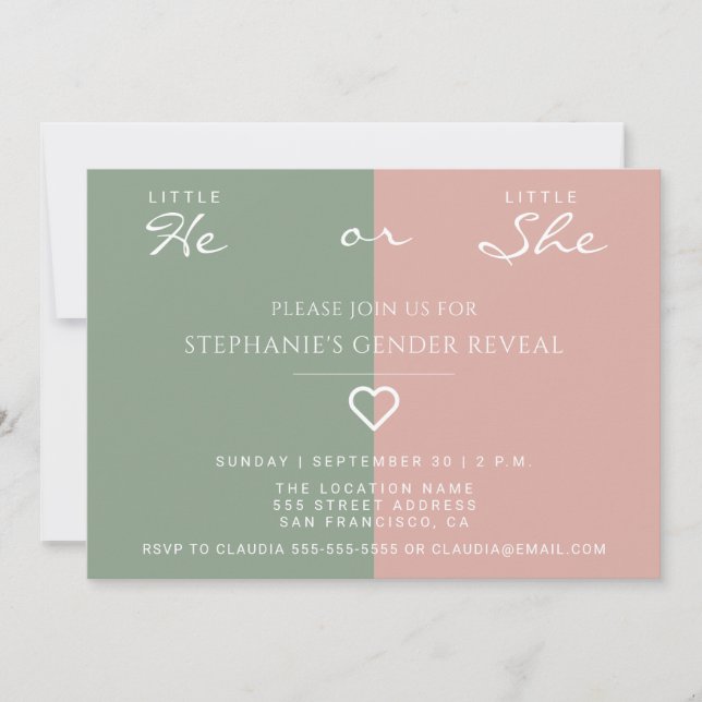Little He, Little She Heart Dusty Rose, Sage Green Invitation (Front)