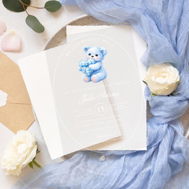 Little Heart Blue Gingham Teddy Bear Baby Shower Acrylic Invitations (Creator Uploaded)
