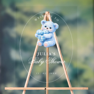 Little Heart Blue Gingham Teddy Bear Baby Shower Acrylic Sign