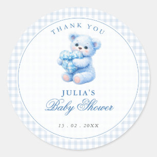 Little Heart Blue Gingham Teddy Bear Baby Shower Classic Round Sticker
