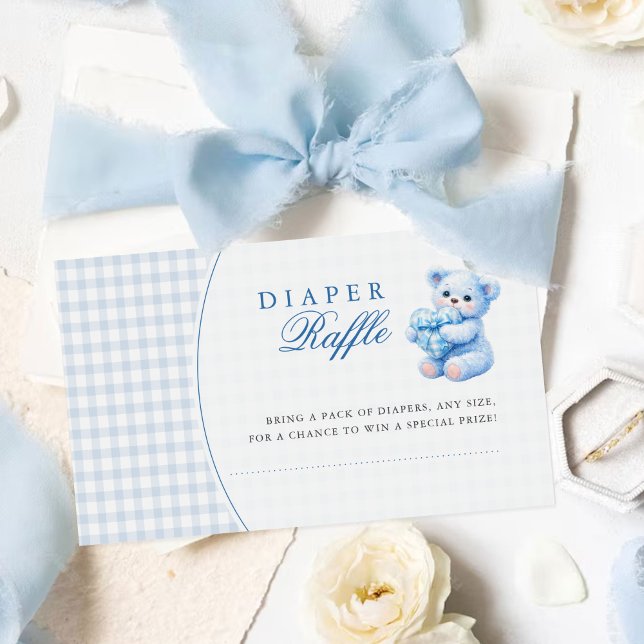Little Heart Blue Gingham Teddy Bear Baby Shower Enclosure Card (Creator Uploaded)
