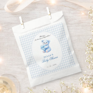Little Heart Blue Gingham Teddy Bear Baby Shower Favour Bags
