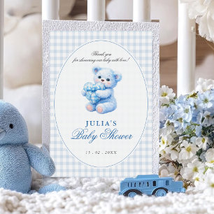 Little Heart Blue Gingham Teddy Bear Baby Shower Invitation