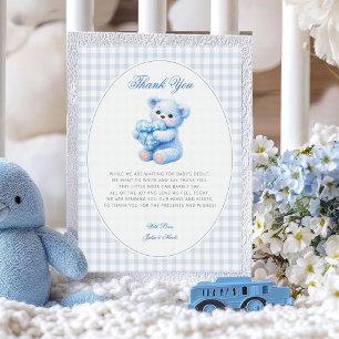 Little Heart Blue Gingham Teddy Bear Baby Shower Invitation