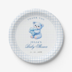 Little Heart Blue Gingham Teddy Bear Baby Shower Paper Plate