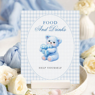 Little Heart Blue Gingham Teddy Bear Baby Shower Poster