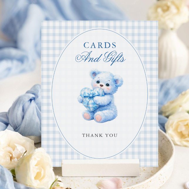 Little Heart Blue Gingham Teddy Bear Baby Shower Poster (Creator Uploaded)