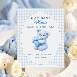 Little Heart Blue Gingham Teddy Bear Baby Shower Poster