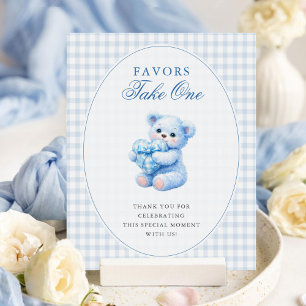 Little Heart Blue Gingham Teddy Bear Baby Shower Poster