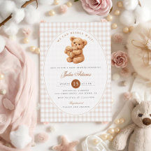 Little Heart Brown Gingham Teddy Bear Baby Shower