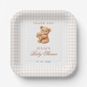 Little Heart Brown Gingham Teddy Bear Baby Shower Paper Plate