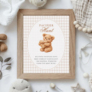 Little Heart Brown Gingham Teddy Bear Baby Shower Poster