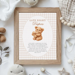 Little Heart Brown Gingham Teddy Bear Baby Shower Poster