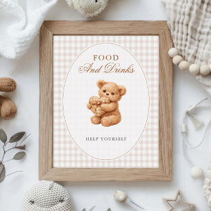 Little Heart Brown Gingham Teddy Bear Baby Shower Poster