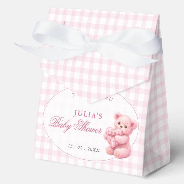 Little Heart Pink Gingham Teddy Bear Baby Shower Favour Box (Front)