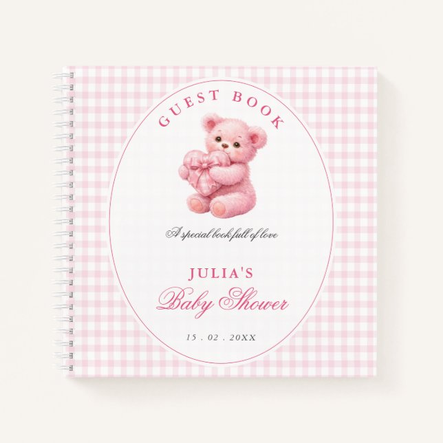 Little Heart Pink Gingham Teddy Bear Baby Shower Notebook (Front)