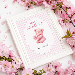 Little Heart Pink Gingham Teddy Bear Baby Shower Poster