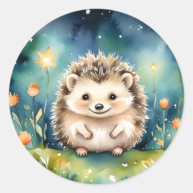 Little Hedgehog On Night Classic Round Sticker (Front)
