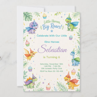 Little Heroes Big Roars Dinosaur Birthday Watercol Invitation