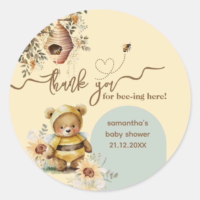 Little honey Bear Baby Shower Thanks bee-ing here Classic Round Sticker (Front)