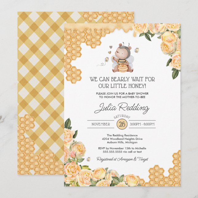 Little Honey Bear & Bee Yellow Floral Baby Shower Invitation (Front/Back)