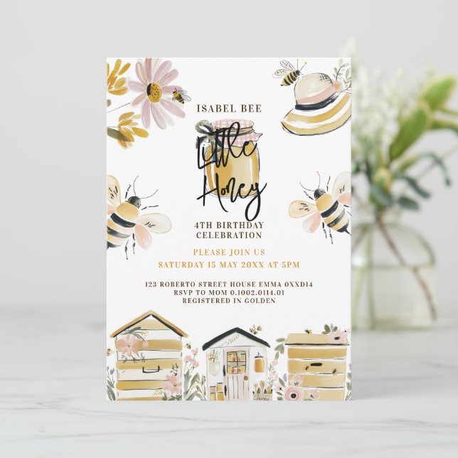 little honey bee 4th birthday invitation (Standing Front)