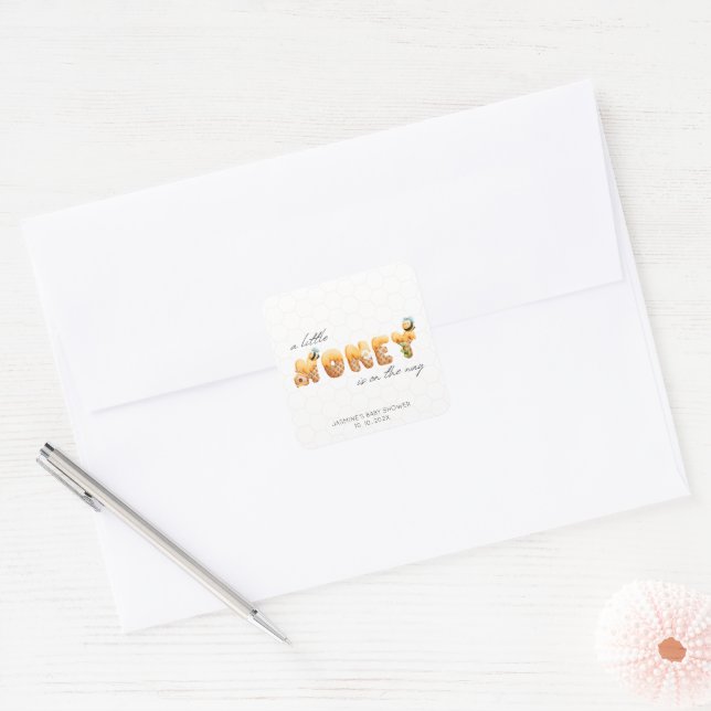 Little Honey Bee Baby Shower Honeycomb Square Sticker (Envelope)