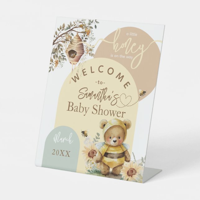 Little honey Bee Bear Baby Shower welcome Pedestal Sign (Front)