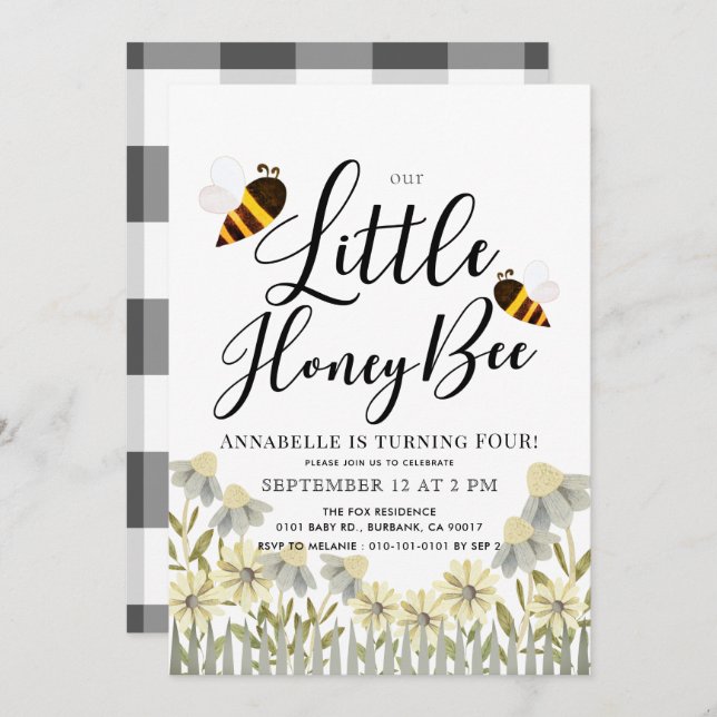 Little Honey Bee Daisy Birthday Invitation (Front/Back)