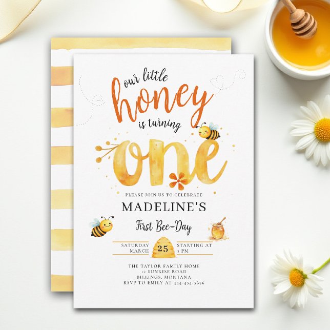 Little Honey Bee Day Cute Watercolor 1st Birthday Invitation (little honey bee one first birthday party invitation bumblebee floral watercolor summer cute simple)