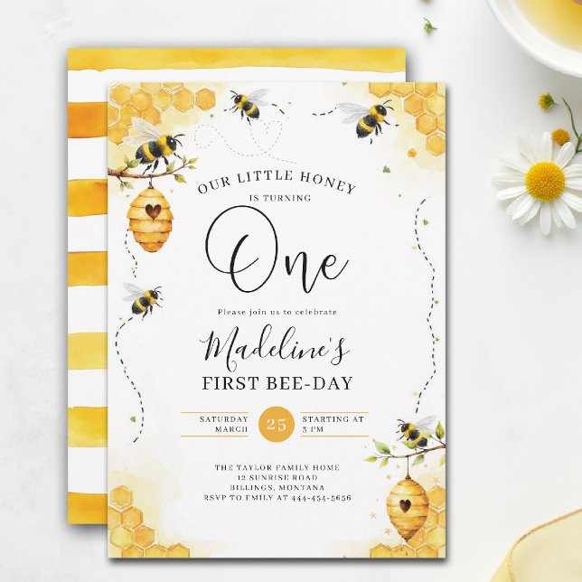 Little Honey Bee-Day Watercolor Comb 1st Birthday Invitation (little honey bee one first birthday party invitation floral watercolor summer modern stripes)