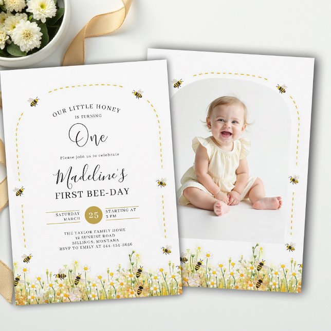 Little Honey Bee-Day Wildflower Photo 1st Birthday Invitation (little honey bee one first birthday party photo arch invitation wildflowers watercolor summer)
