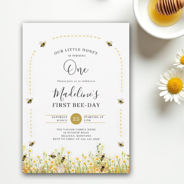 Little Honey Bee Day Wildflowers Arch 1st Birthday Invitation (little honey bee one first birthday party invitation floral watercolor summer modern wildflowers)