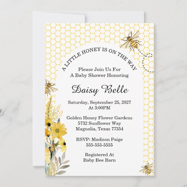 Little Honey Bee On The Way Yellow Baby Shower Invitation (Front)