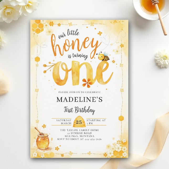 Little Honey Bee One Watercolor Cute 1st Birthday Invitation (little honey bee one first birthday party invitation bumblebee floral watercolor summer garden chic)