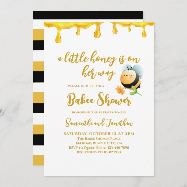 Little Honey Bee Theme Simple Girl Baby Shower Invitation (Front/Back)