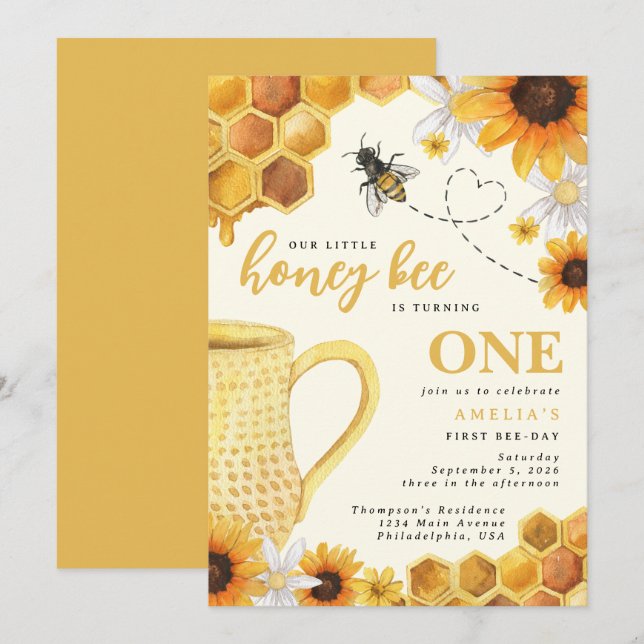 Little Honey Bee Watercolor Sunflower 1st Birthday Invitation (Front/Back)