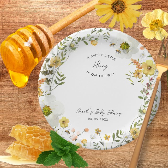 Little Honey Bee Yellow Wildflowers Baby Shower Paper Plate (Creator Uploaded)