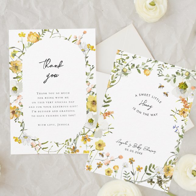 Little Honey Bee Yellow Wildflowers Baby Shower Thank You Card (Creator Uploaded)