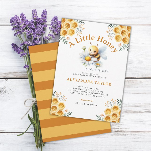 Little Honey Cute Bee Whimsical Baby Girl Shower Invitation (little honey bee baby girl shower invitation watercolor illustration cute adorable whimsical floral)
