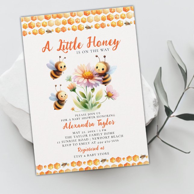 Little Honey Cute Bees Wildflower Baby Girl Shower Invitation (little honey bee baby girl shower invitation watercolor illustration cute whimsical wildflower)
