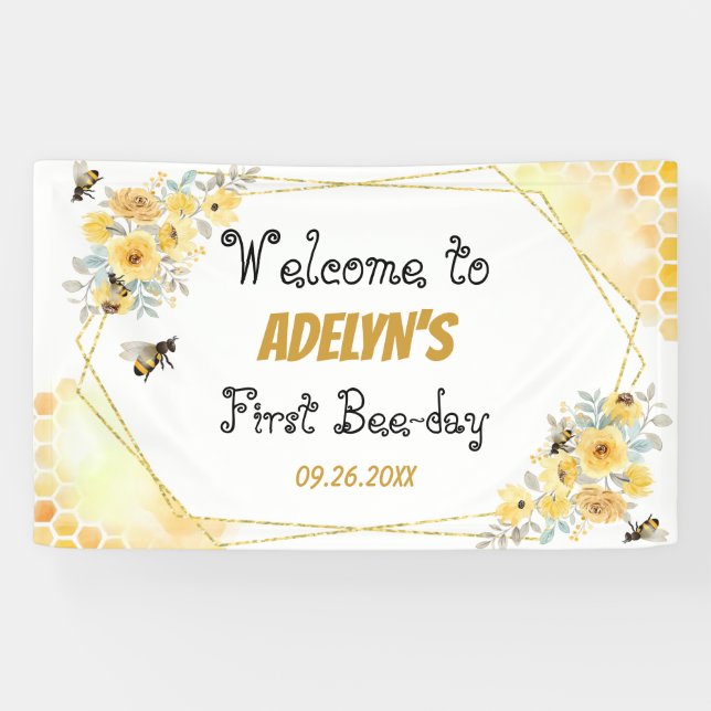 Little Honey Floral Watercolor Bee 1st Birthday  Banner (Horizontal)
