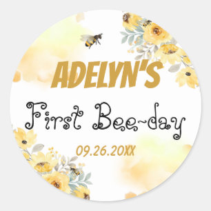 Little Honey Floral Watercolor Bee 1st Birthday  Classic Round Sticker