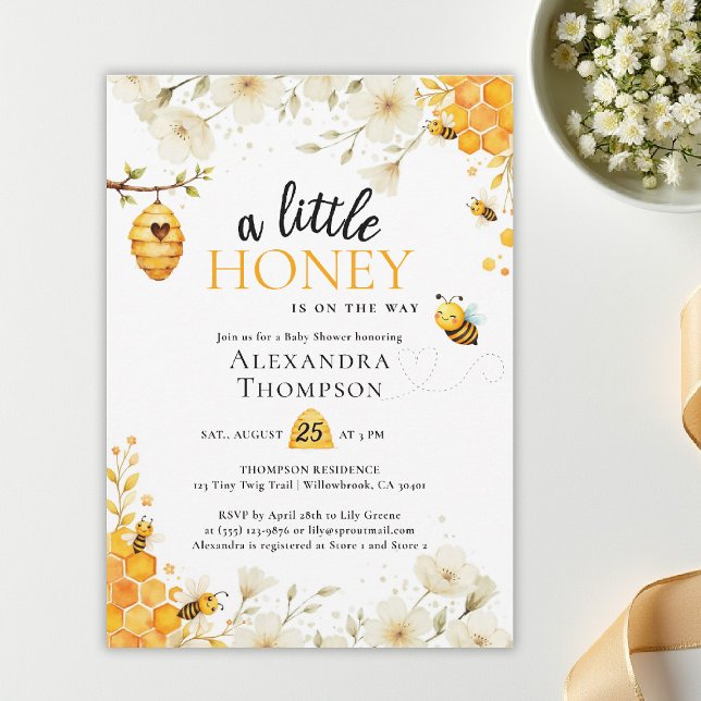 Little Honey Floral Watercolor Elegant Baby Shower Invitation (a little honey bee baby shower theme invitation spring summer watercolor elegant floral bumblebee)