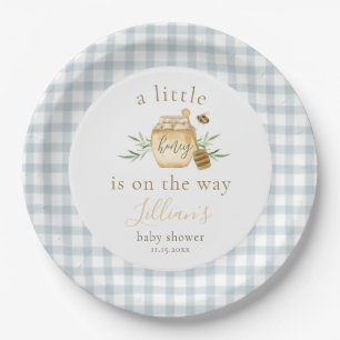 Little Honey On The Way Blue Gingham Baby Shower Paper Plate