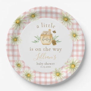 Little Honey On The Way Pink Gingham Baby Shower Paper Plate