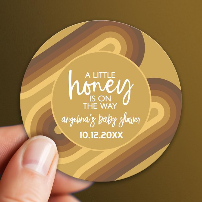 Little Honey on the Way Retro Stripes Baby Shower Classic Round Sticker (Custom Sticker)